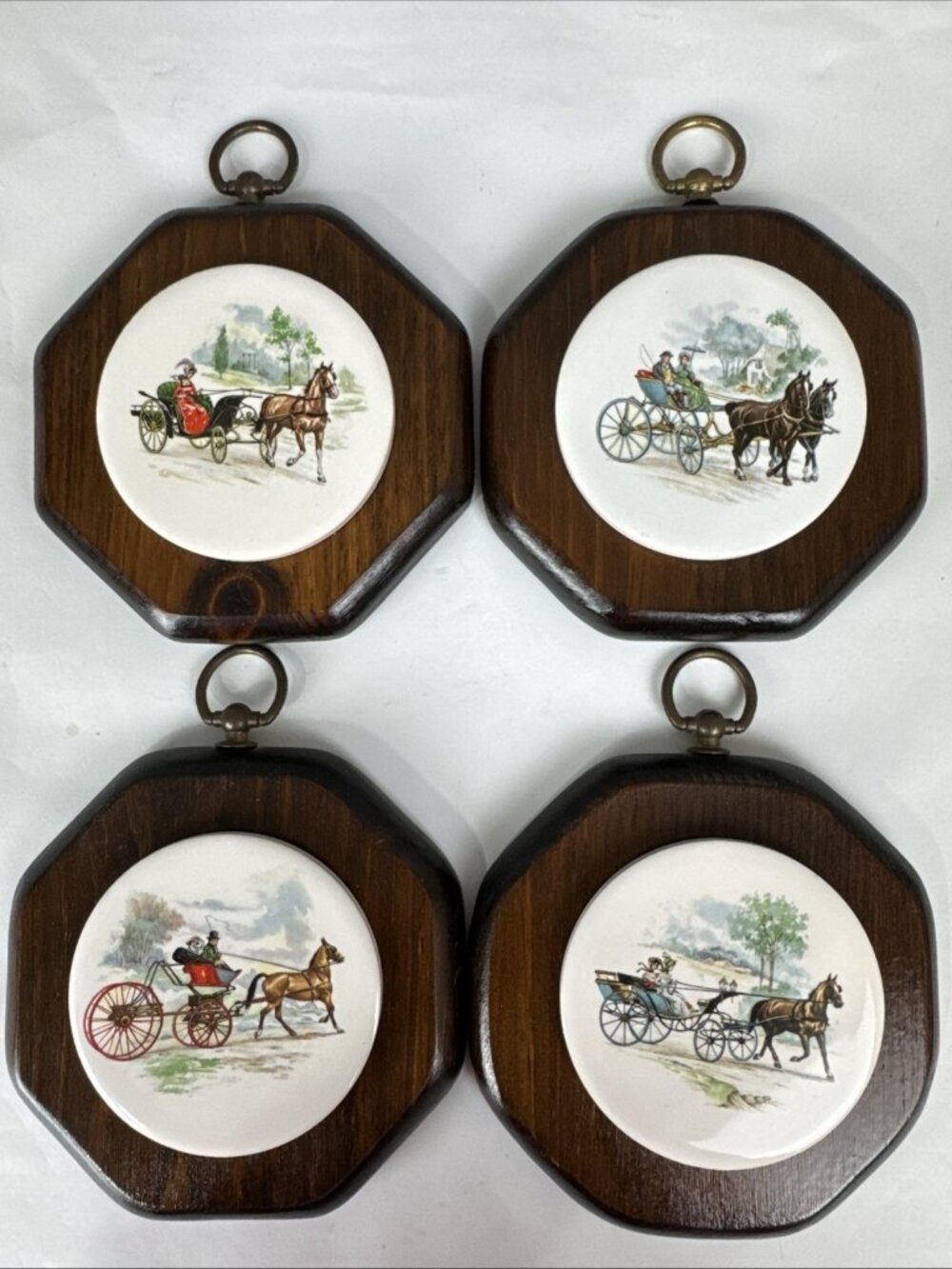 Vtg Horse Carriage Wood Ceramic Tile Wall Plaques 5.25” Set of 4 rustic country